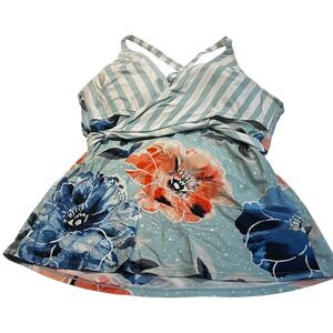 Cacique Blue & Orange Floral Stripe Cross Back Tankini Top Women's Size 14